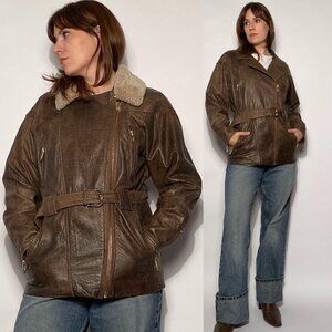 Vintage 1980s REAL LEATHER Distressed Brown Aviator Biker Jacket, Large